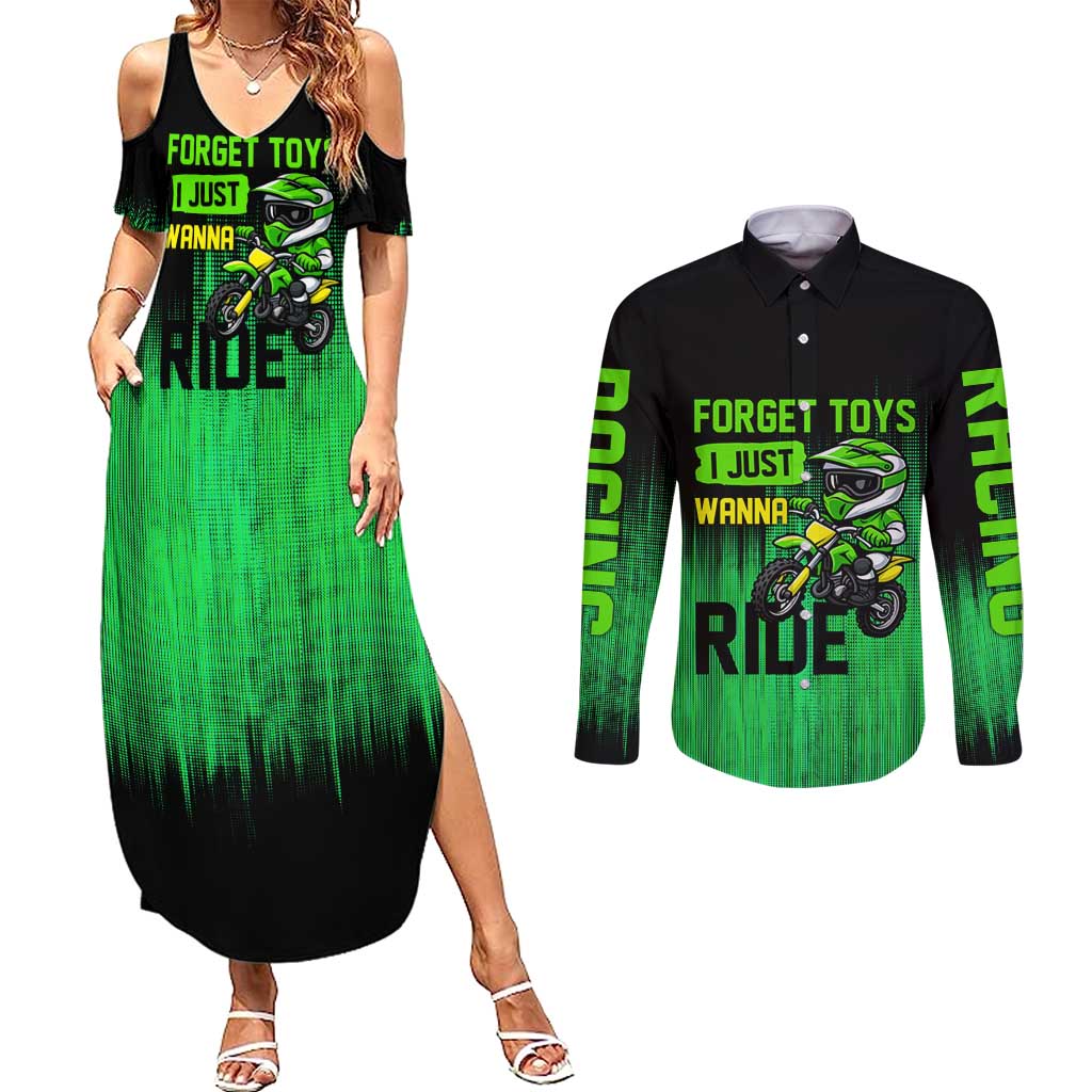 Green Dirt Bike Rider Couples Matching Summer Maxi Dress and Long Sleeve Button Shirt Forget Toys I Just Wanna Ride Quote and Custom Racing Name Design - Wonder Print Shop