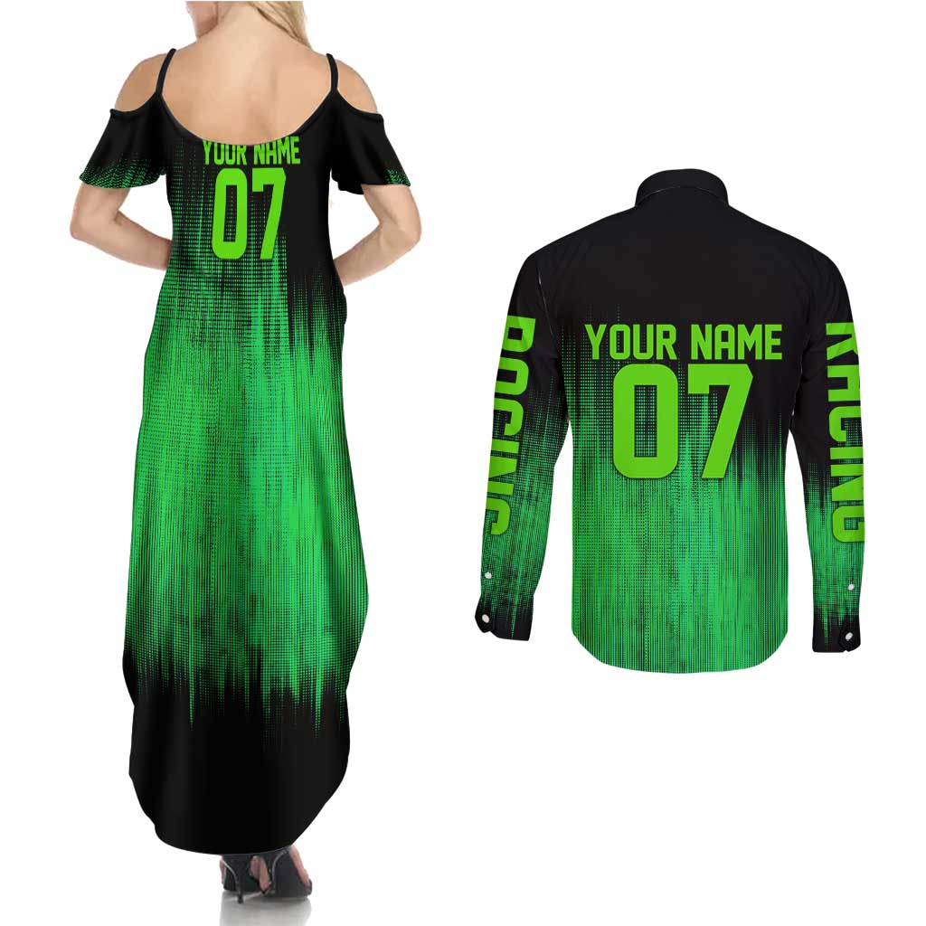 Green Dirt Bike Rider Couples Matching Summer Maxi Dress and Long Sleeve Button Shirt Forget Toys I Just Wanna Ride Quote and Custom Racing Name Design - Wonder Print Shop