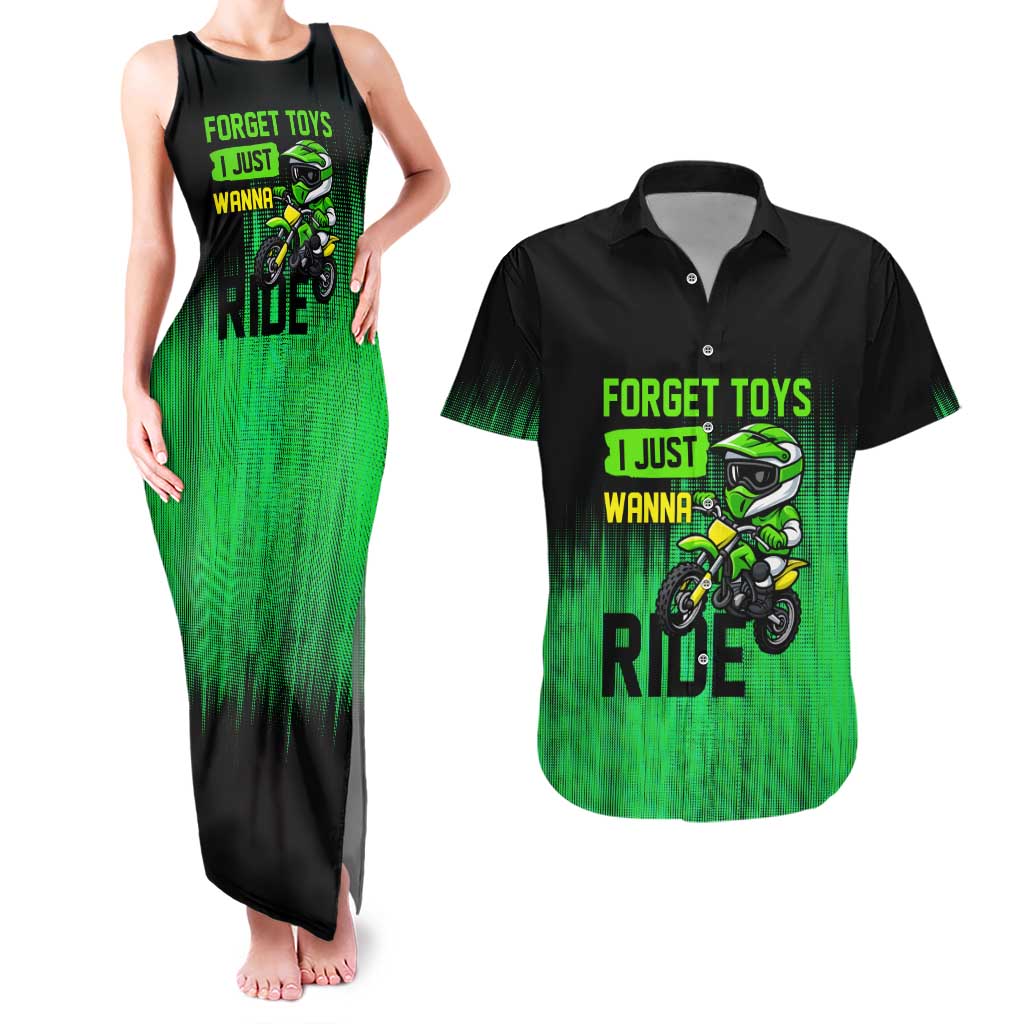 Green Dirt Bike Rider Couples Matching Tank Maxi Dress and Hawaiian Shirt Forget Toys I Just Wanna Ride Quote and Custom Racing Name Design - Wonder Print Shop