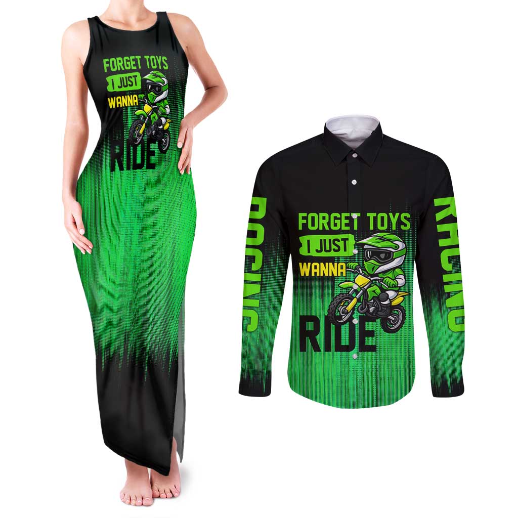 Green Dirt Bike Rider Couples Matching Tank Maxi Dress and Long Sleeve Button Shirt Forget Toys I Just Wanna Ride Quote and Custom Racing Name Design - Wonder Print Shop