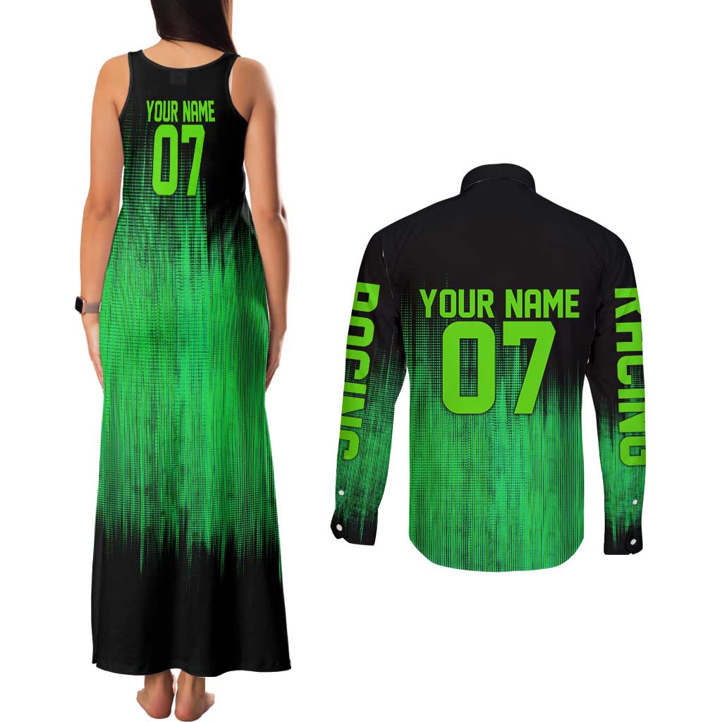 Green Dirt Bike Rider Couples Matching Tank Maxi Dress and Long Sleeve Button Shirt Forget Toys I Just Wanna Ride Quote and Custom Racing Name Design - Wonder Print Shop