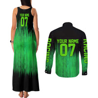 Green Dirt Bike Rider Couples Matching Tank Maxi Dress and Long Sleeve Button Shirt Forget Toys I Just Wanna Ride Quote and Custom Racing Name Design - Wonder Print Shop