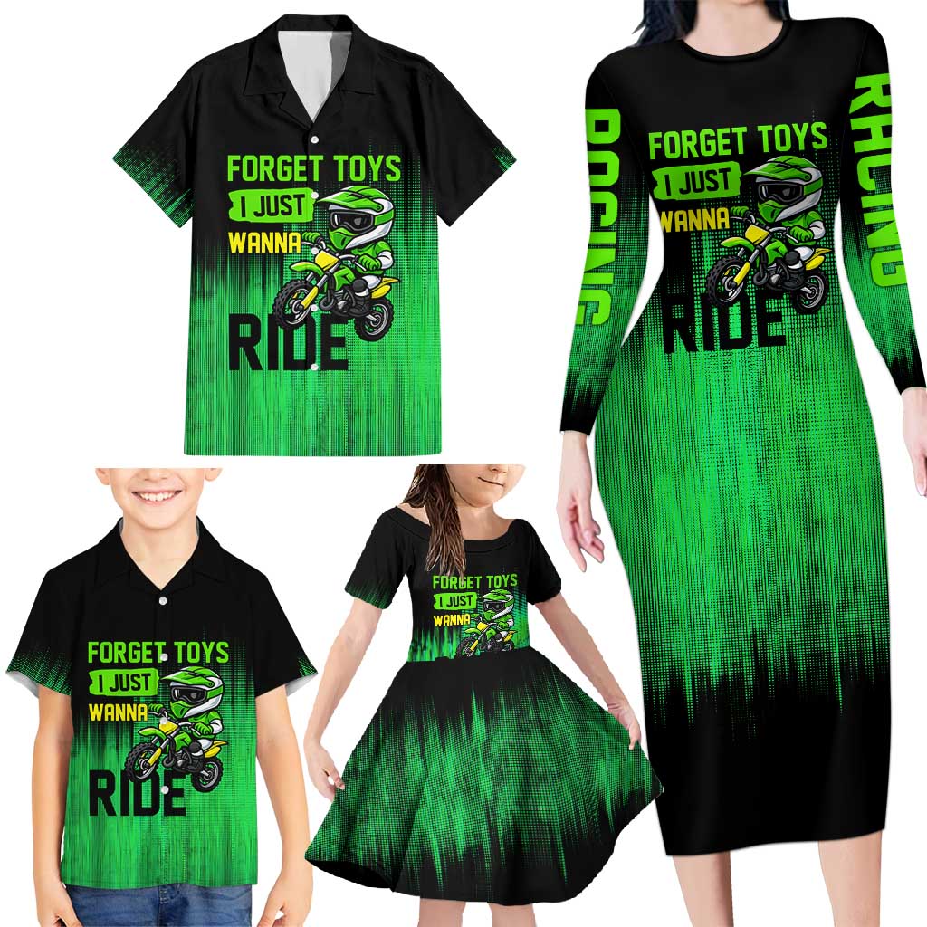 Green Dirt Bike Rider Family Matching Long Sleeve Bodycon Dress and Hawaiian Shirt Forget Toys I Just Wanna Ride Quote and Custom Racing Name Design - Wonder Print Shop