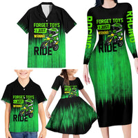 Green Dirt Bike Rider Family Matching Long Sleeve Bodycon Dress and Hawaiian Shirt Forget Toys I Just Wanna Ride Quote and Custom Racing Name Design - Wonder Print Shop