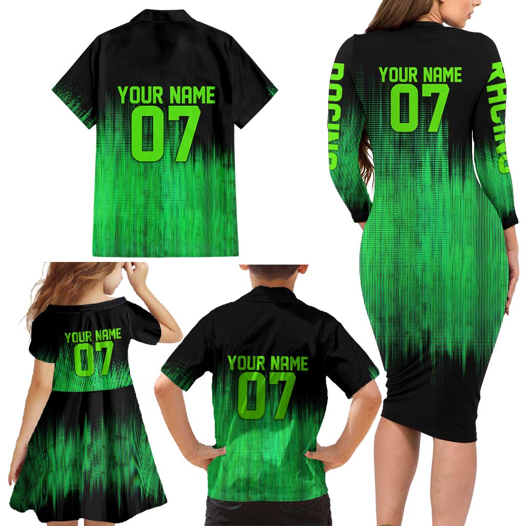 Green Dirt Bike Rider Family Matching Long Sleeve Bodycon Dress and Hawaiian Shirt Forget Toys I Just Wanna Ride Quote and Custom Racing Name Design - Wonder Print Shop