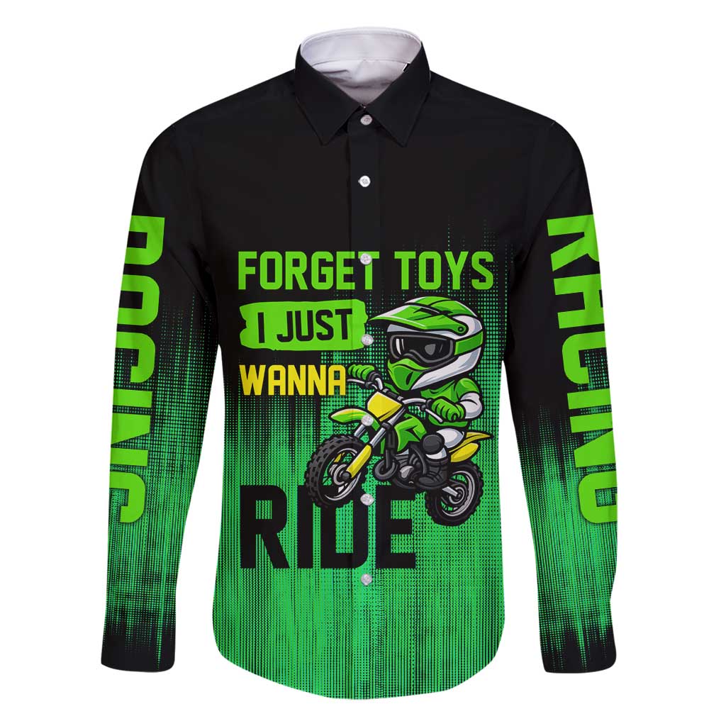 Green Dirt Bike Rider Family Matching Long Sleeve Bodycon Dress and Hawaiian Shirt Forget Toys I Just Wanna Ride Quote and Custom Racing Name Design - Wonder Print Shop