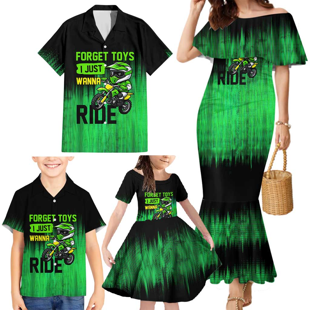 Green Dirt Bike Rider Family Matching Mermaid Dress and Hawaiian Shirt Forget Toys I Just Wanna Ride Quote and Custom Racing Name Design - Wonder Print Shop