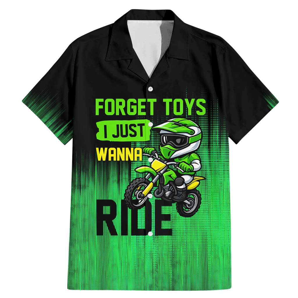 Green Dirt Bike Rider Family Matching Mermaid Dress and Hawaiian Shirt Forget Toys I Just Wanna Ride Quote and Custom Racing Name Design - Wonder Print Shop