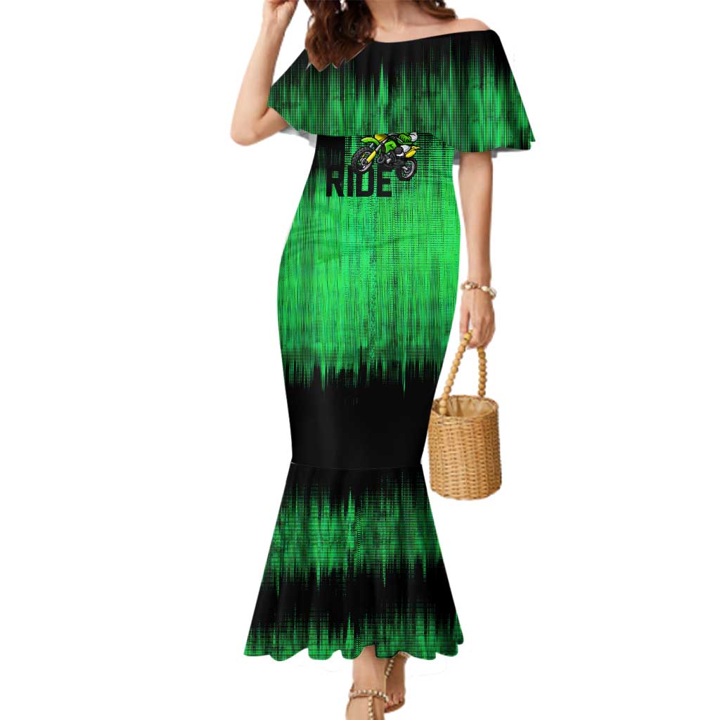 Green Dirt Bike Rider Family Matching Mermaid Dress and Hawaiian Shirt Forget Toys I Just Wanna Ride Quote and Custom Racing Name Design - Wonder Print Shop