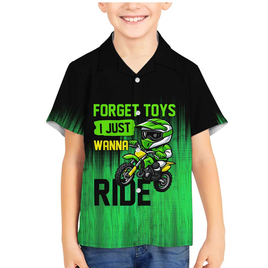 Green Dirt Bike Rider Family Matching Mermaid Dress and Hawaiian Shirt Forget Toys I Just Wanna Ride Quote and Custom Racing Name Design - Wonder Print Shop