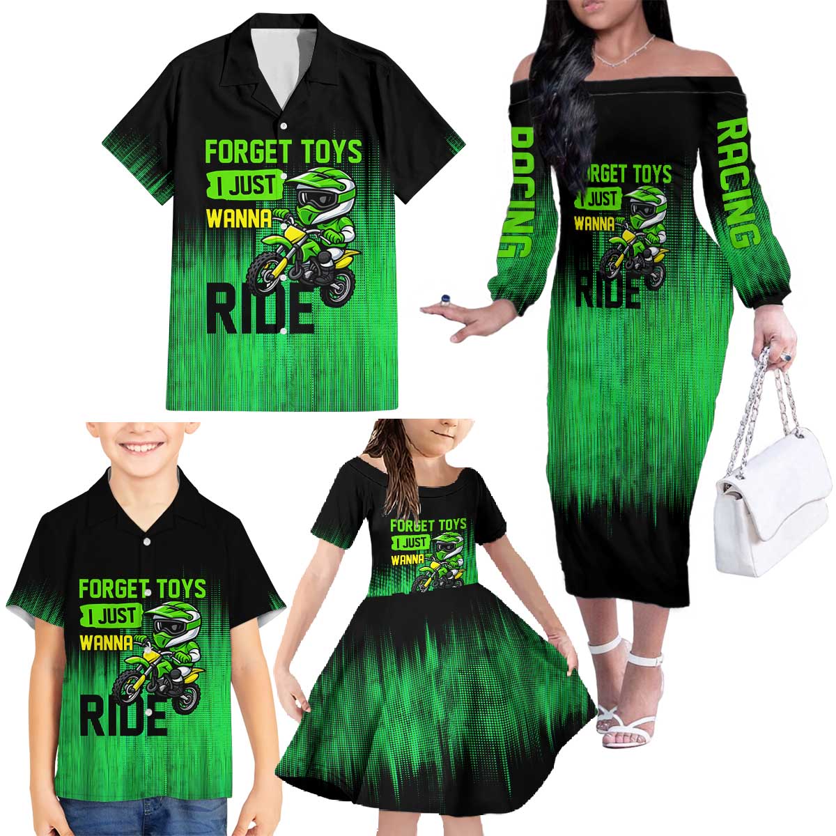 Green Dirt Bike Rider Family Matching Off The Shoulder Long Sleeve Dress and Hawaiian Shirt Forget Toys I Just Wanna Ride Quote and Custom Racing Name Design - Wonder Print Shop