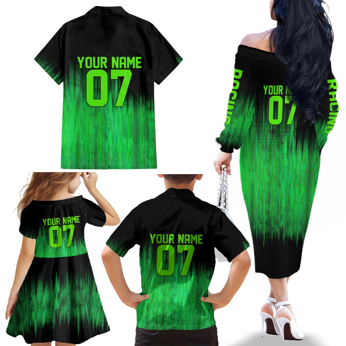 Green Dirt Bike Rider Family Matching Off The Shoulder Long Sleeve Dress and Hawaiian Shirt Forget Toys I Just Wanna Ride Quote and Custom Racing Name Design - Wonder Print Shop