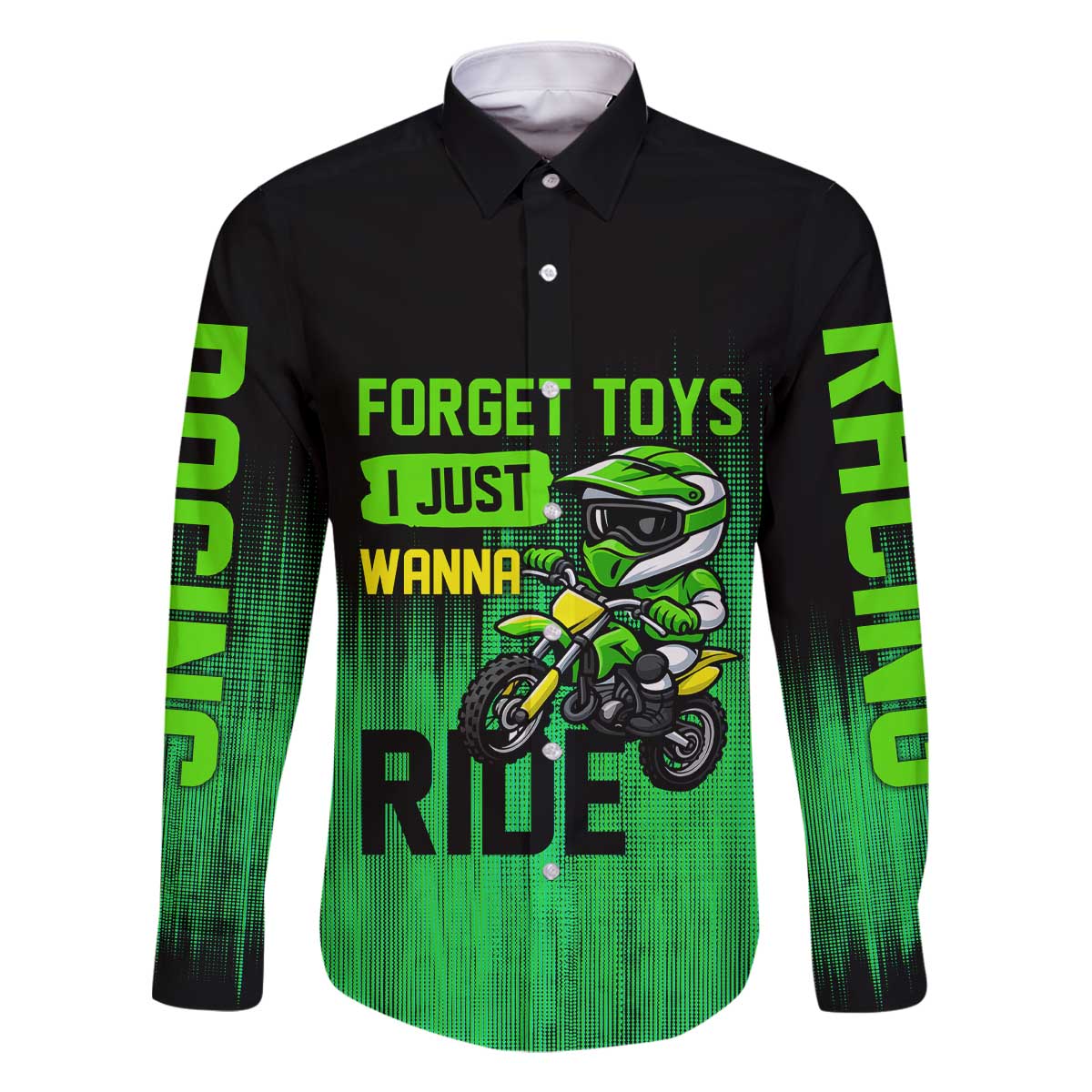 Green Dirt Bike Rider Family Matching Off The Shoulder Long Sleeve Dress and Hawaiian Shirt Forget Toys I Just Wanna Ride Quote and Custom Racing Name Design - Wonder Print Shop