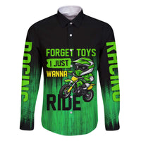 Green Dirt Bike Rider Family Matching Off The Shoulder Long Sleeve Dress and Hawaiian Shirt Forget Toys I Just Wanna Ride Quote and Custom Racing Name Design - Wonder Print Shop