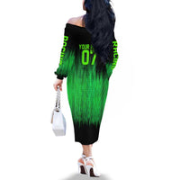 Green Dirt Bike Rider Family Matching Off The Shoulder Long Sleeve Dress and Hawaiian Shirt Forget Toys I Just Wanna Ride Quote and Custom Racing Name Design - Wonder Print Shop