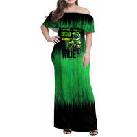 Green Dirt Bike Rider Family Matching Off Shoulder Maxi Dress and Hawaiian Shirt Forget Toys I Just Wanna Ride Quote and Custom Racing Name Design - Wonder Print Shop