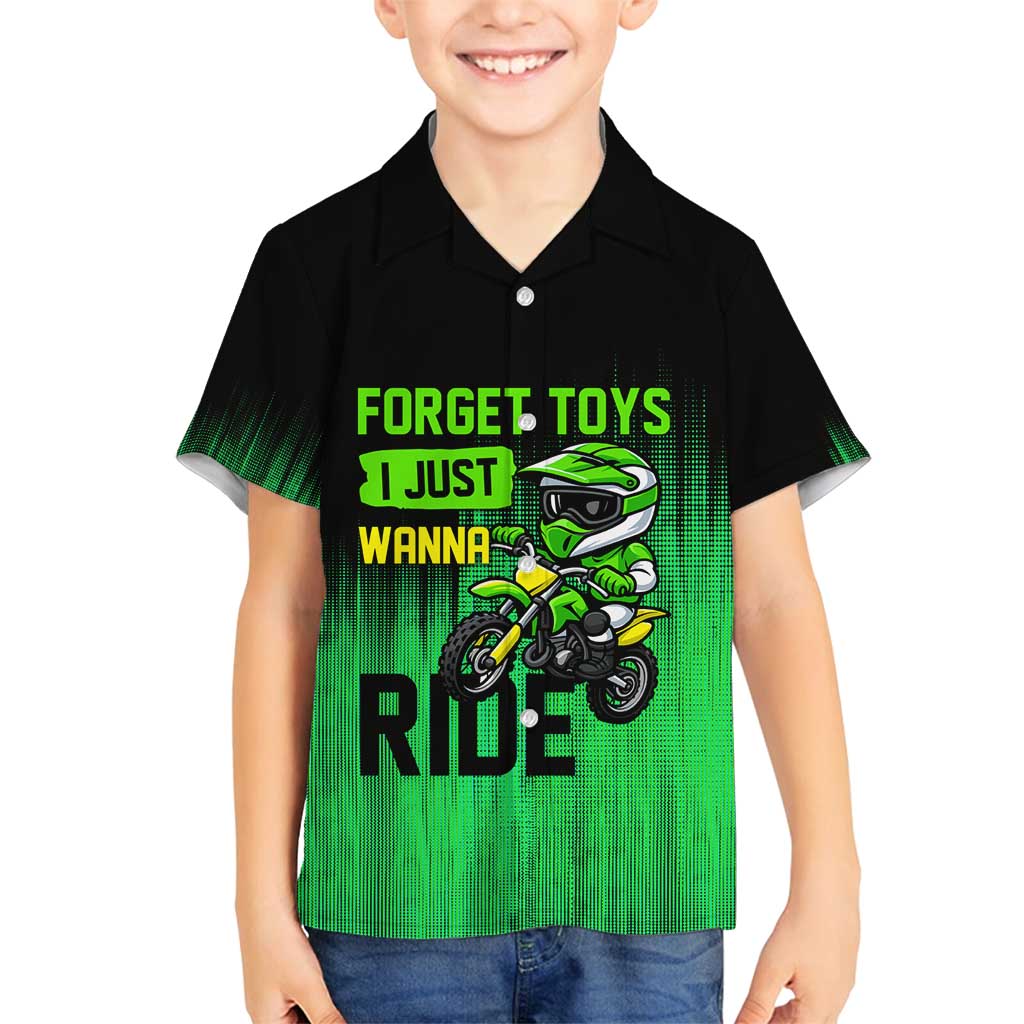 Green Dirt Bike Rider Family Matching Off Shoulder Maxi Dress and Hawaiian Shirt Forget Toys I Just Wanna Ride Quote and Custom Racing Name Design - Wonder Print Shop