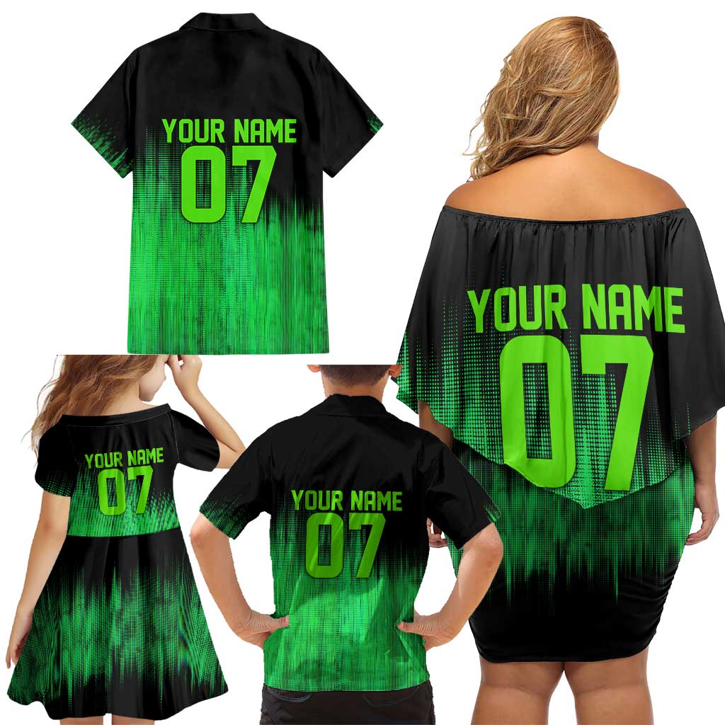 Green Dirt Bike Rider Family Matching Off Shoulder Short Dress and Hawaiian Shirt Forget Toys I Just Wanna Ride Quote and Custom Racing Name Design - Wonder Print Shop