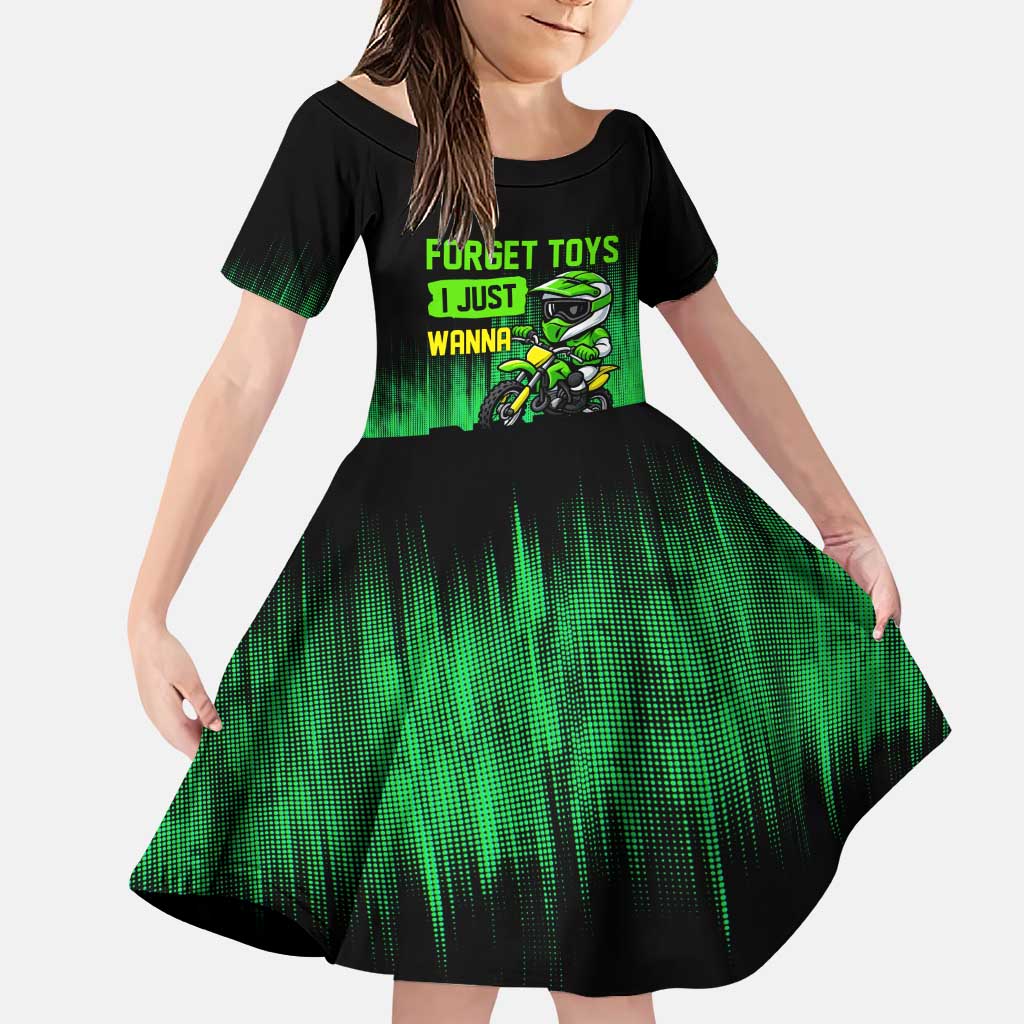 Green Dirt Bike Rider Family Matching Puletasi and Hawaiian Shirt Forget Toys I Just Wanna Ride Quote and Custom Racing Name Design - Wonder Print Shop