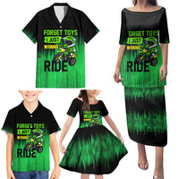 Green Dirt Bike Rider Family Matching Puletasi and Hawaiian Shirt Forget Toys I Just Wanna Ride Quote and Custom Racing Name Design - Wonder Print Shop