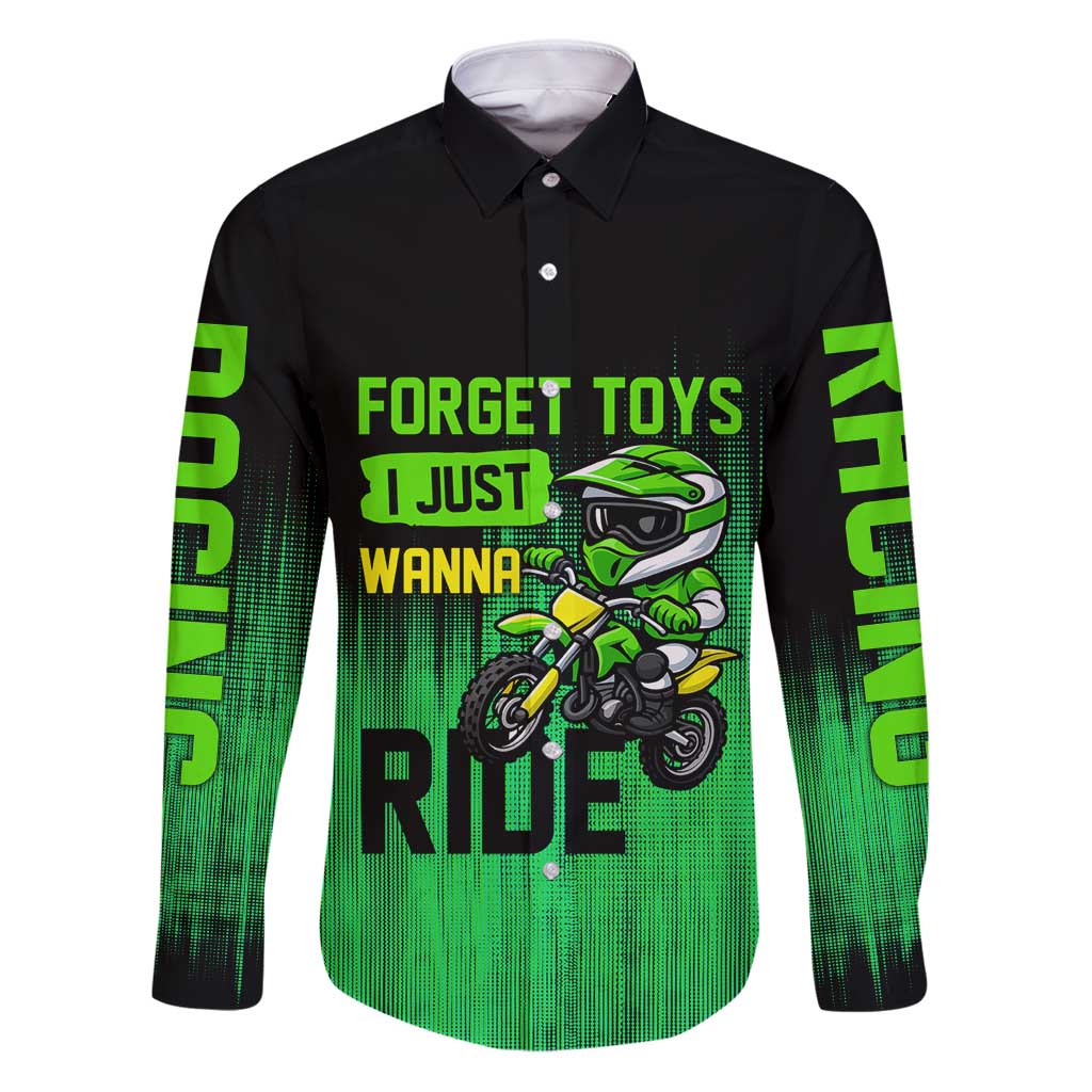 Green Dirt Bike Rider Family Matching Puletasi and Hawaiian Shirt Forget Toys I Just Wanna Ride Quote and Custom Racing Name Design - Wonder Print Shop
