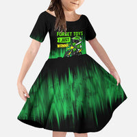Green Dirt Bike Rider Family Matching Short Sleeve Bodycon Dress and Hawaiian Shirt Forget Toys I Just Wanna Ride Quote and Custom Racing Name Design - Wonder Print Shop