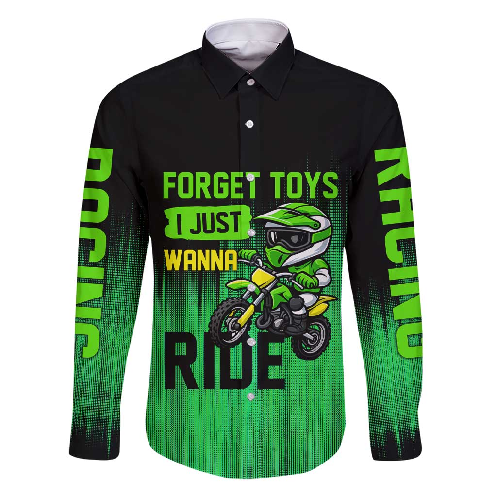 Green Dirt Bike Rider Family Matching Short Sleeve Bodycon Dress and Hawaiian Shirt Forget Toys I Just Wanna Ride Quote and Custom Racing Name Design - Wonder Print Shop