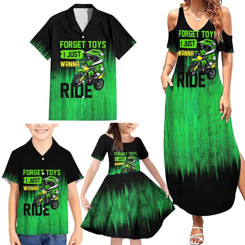 Green Dirt Bike Rider Family Matching Summer Maxi Dress and Hawaiian Shirt Forget Toys I Just Wanna Ride Quote and Custom Racing Name Design - Wonder Print Shop