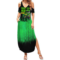Green Dirt Bike Rider Family Matching Summer Maxi Dress and Hawaiian Shirt Forget Toys I Just Wanna Ride Quote and Custom Racing Name Design - Wonder Print Shop