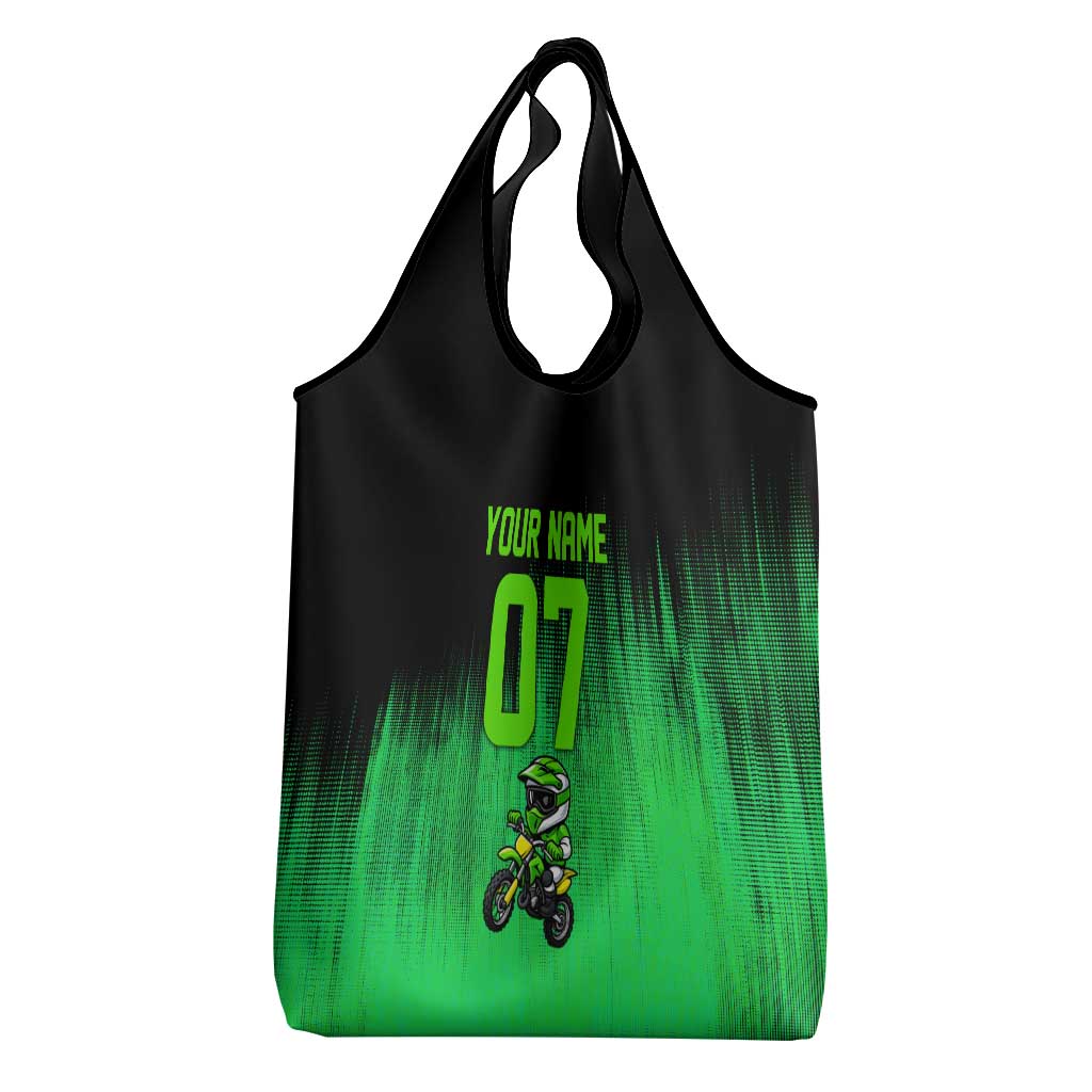Green Dirt Bike Rider Grocery Bag Forget Toys I Just Wanna Ride Quote and Custom Racing Name Design - Wonder Print Shop
