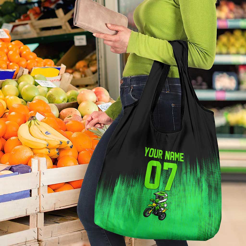 Green Dirt Bike Rider Grocery Bag Forget Toys I Just Wanna Ride Quote and Custom Racing Name Design - Wonder Print Shop