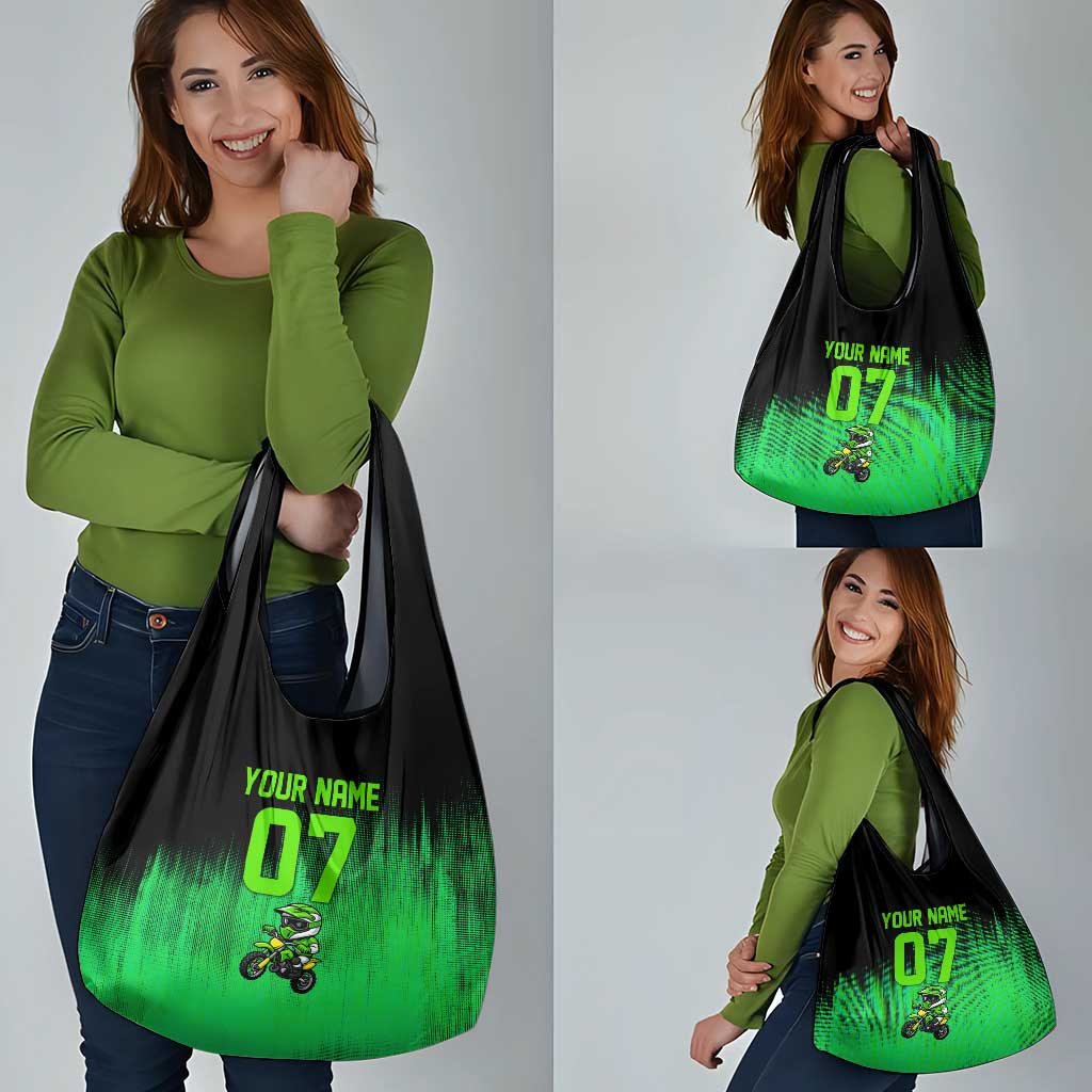 Green Dirt Bike Rider Grocery Bag Forget Toys I Just Wanna Ride Quote and Custom Racing Name Design - Wonder Print Shop