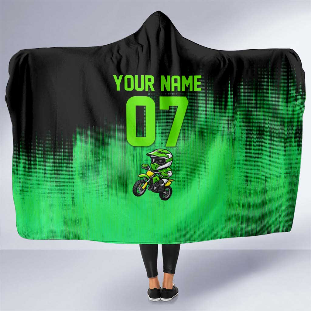 Green Dirt Bike Rider Hooded Blanket Forget Toys I Just Wanna Ride Quote and Custom Racing Name Design - Wonder Print Shop