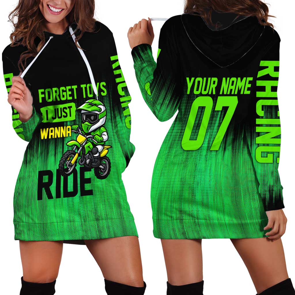 Green Dirt Bike Rider Hoodie Dress Forget Toys I Just Wanna Ride Quote and Custom Racing Name Design - Wonder Print Shop