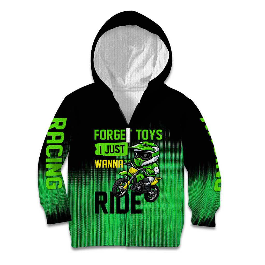Green Dirt Bike Rider Kid Hoodie Forget Toys I Just Wanna Ride Quote and Custom Racing Name Design - Wonder Print Shop