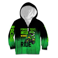Green Dirt Bike Rider Kid Hoodie Forget Toys I Just Wanna Ride Quote and Custom Racing Name Design - Wonder Print Shop