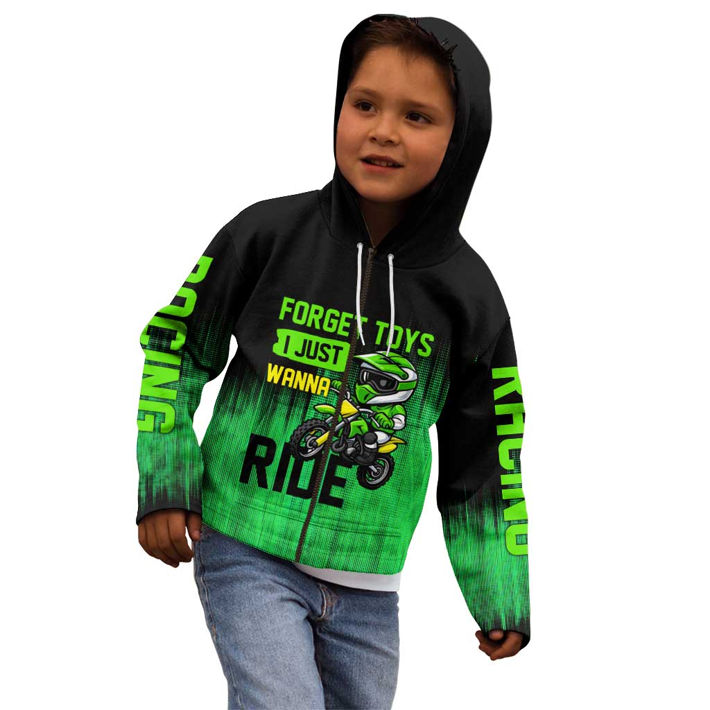 Green Dirt Bike Rider Kid Hoodie Forget Toys I Just Wanna Ride Quote and Custom Racing Name Design - Wonder Print Shop