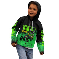 Green Dirt Bike Rider Kid Hoodie Forget Toys I Just Wanna Ride Quote and Custom Racing Name Design - Wonder Print Shop