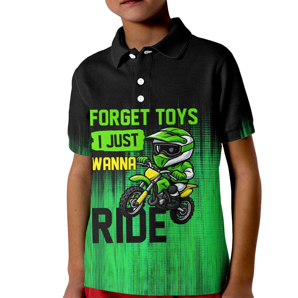 Green Dirt Bike Rider Kid Polo Shirt Forget Toys I Just Wanna Ride Quote and Custom Racing Name Design - Wonder Print Shop