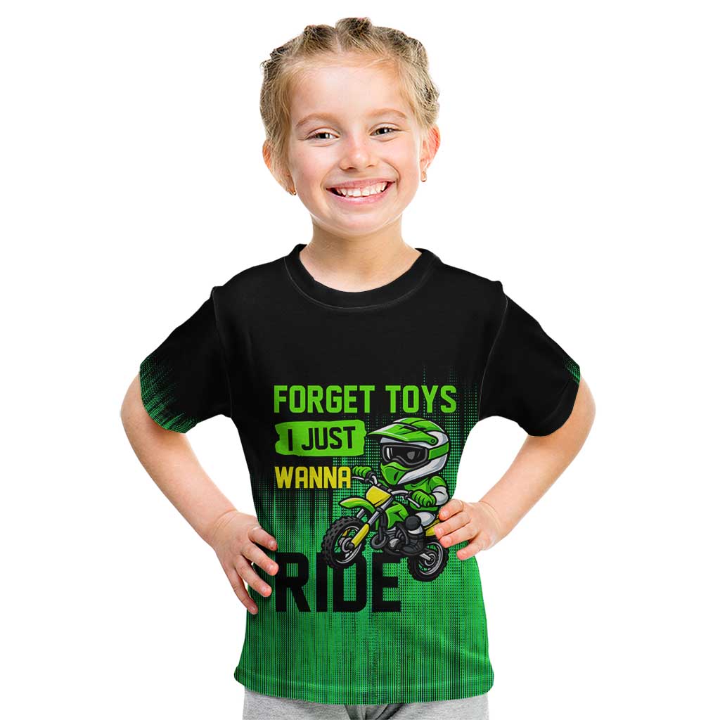 Green Dirt Bike Rider Kid T Shirt Forget Toys I Just Wanna Ride Quote and Custom Racing Name Design - Wonder Print Shop