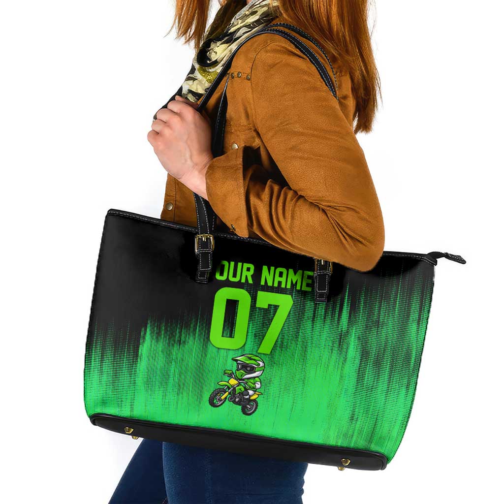 Green Dirt Bike Rider Leather Tote Bag Forget Toys I Just Wanna Ride Quote and Custom Racing Name Design - Wonder Print Shop