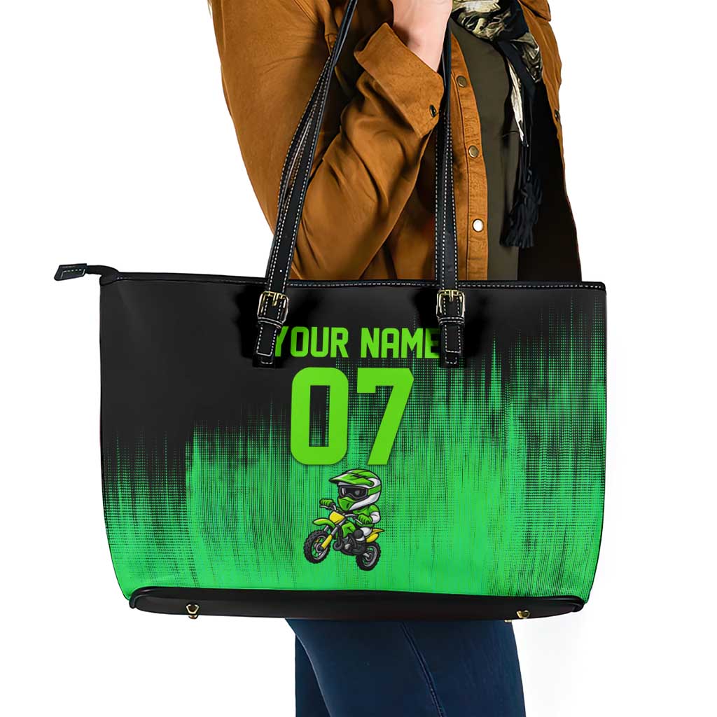 Green Dirt Bike Rider Leather Tote Bag Forget Toys I Just Wanna Ride Quote and Custom Racing Name Design - Wonder Print Shop