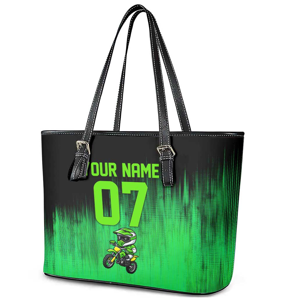 Green Dirt Bike Rider Leather Tote Bag Forget Toys I Just Wanna Ride Quote and Custom Racing Name Design - Wonder Print Shop