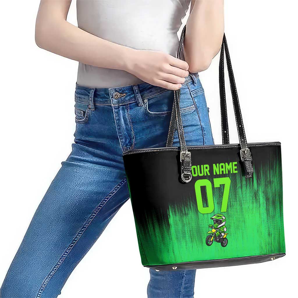 Green Dirt Bike Rider Leather Tote Bag Forget Toys I Just Wanna Ride Quote and Custom Racing Name Design - Wonder Print Shop