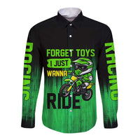 Green Dirt Bike Rider Long Sleeve Button Shirt Forget Toys I Just Wanna Ride Quote and Custom Racing Name Design - Wonder Print Shop