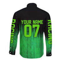 Green Dirt Bike Rider Long Sleeve Button Shirt Forget Toys I Just Wanna Ride Quote and Custom Racing Name Design - Wonder Print Shop