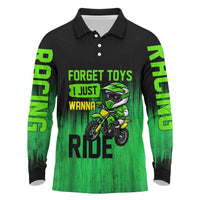 Green Dirt Bike Rider Long Sleeve Polo Shirt Forget Toys I Just Wanna Ride Quote and Custom Racing Name Design - Wonder Print Shop