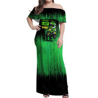 Green Dirt Bike Rider Off Shoulder Maxi Dress Forget Toys I Just Wanna Ride Quote and Custom Racing Name Design - Wonder Print Shop
