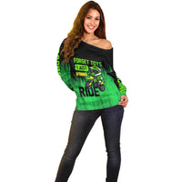 Green Dirt Bike Rider Off Shoulder Sweater Forget Toys I Just Wanna Ride Quote and Custom Racing Name Design - Wonder Print Shop
