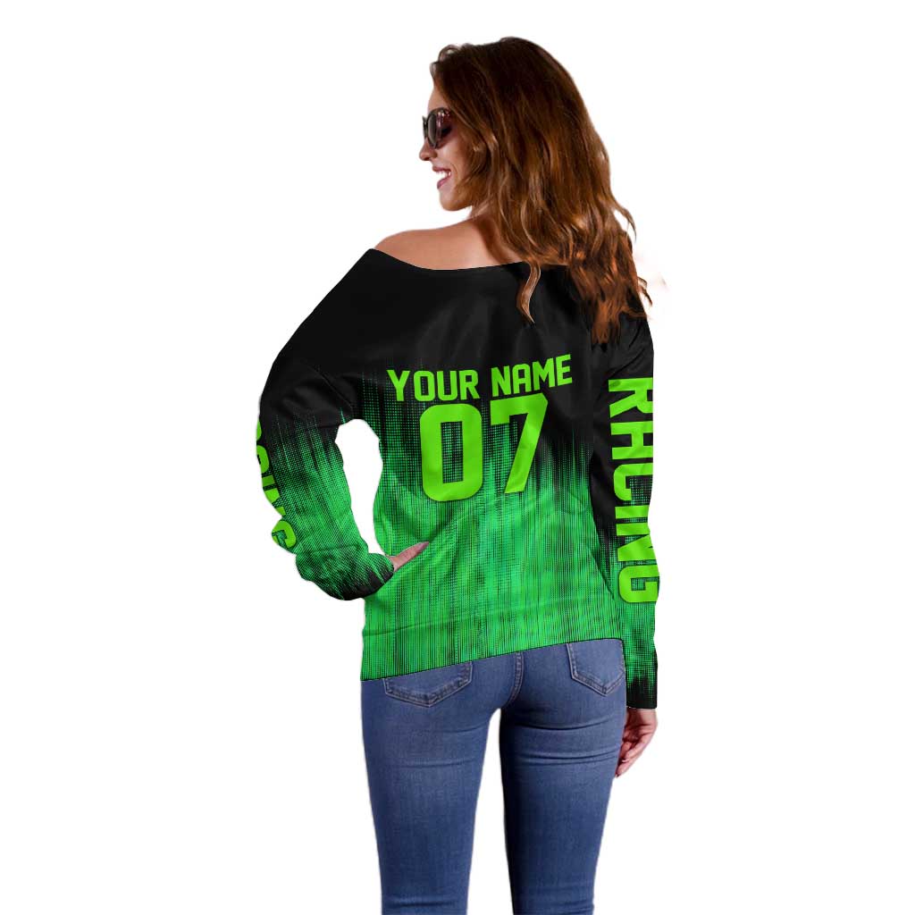 Green Dirt Bike Rider Off Shoulder Sweater Forget Toys I Just Wanna Ride Quote and Custom Racing Name Design - Wonder Print Shop